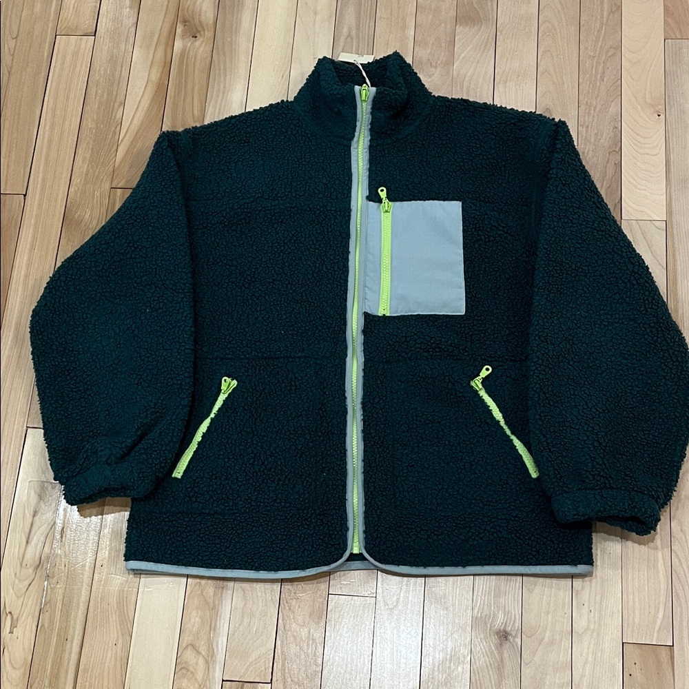 Universal Thread Black Teddy Jacket with Neon Green Accents